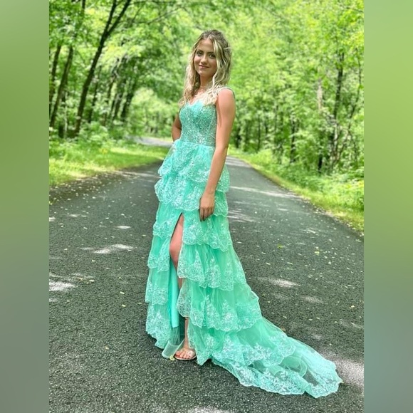 Glitter Tiered Tulle Lace Prom Dress Long Spaghetti Straps Formal Evening Gown - Picture 2 of 8